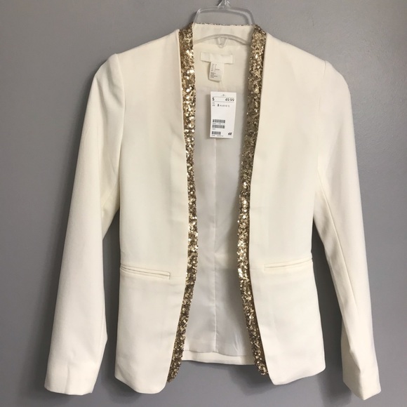 H&M Ivory Open Front Blazer with Gold Sequin Trim - Picture 3 of 8